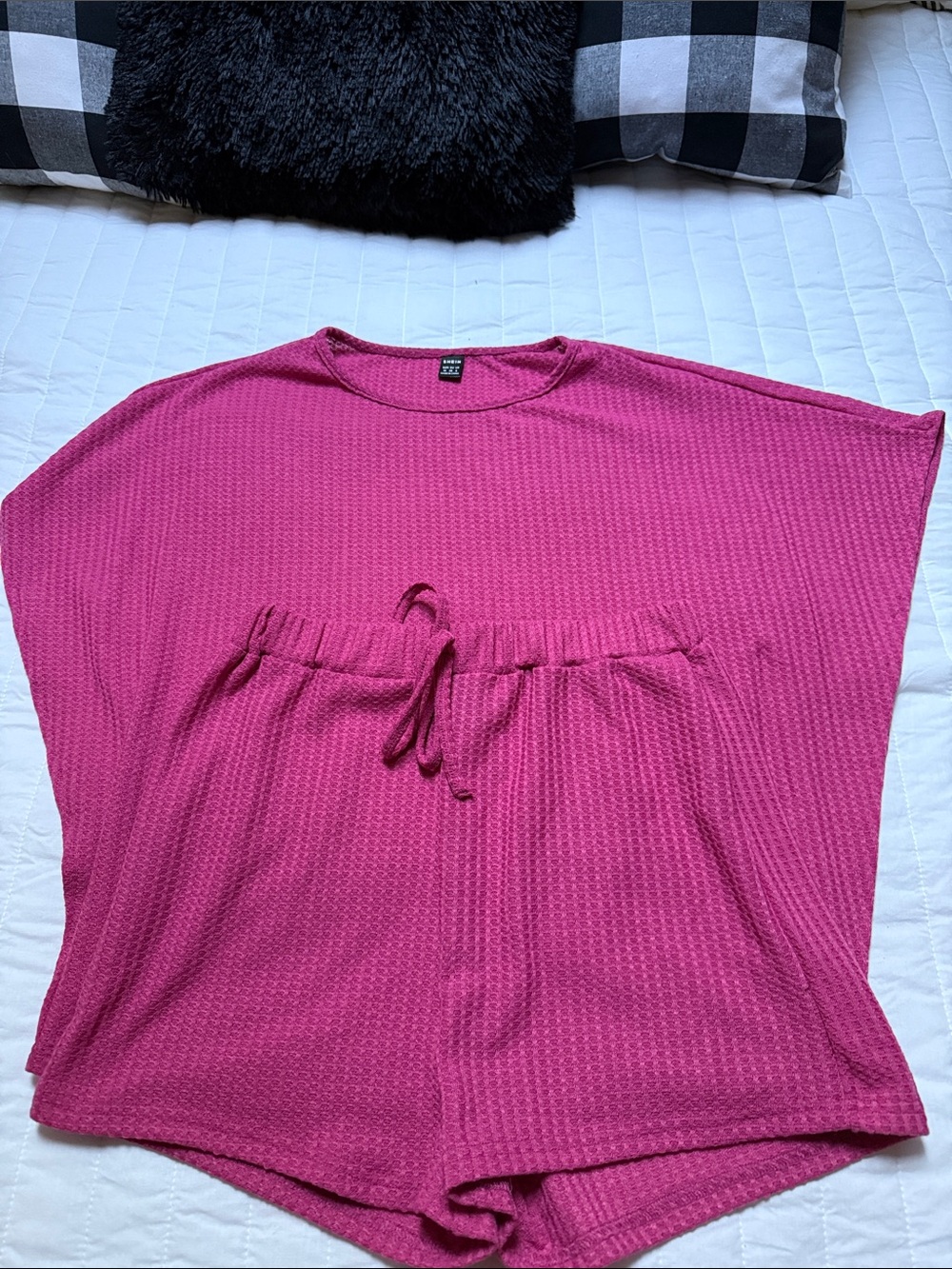 SHEIN Pink Waffle-Knit Relaxed Tunic Top